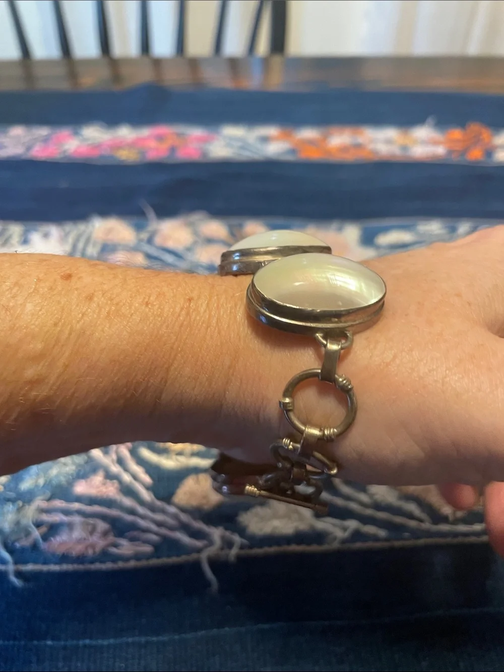 Vintage Sterling Silver Mother of Pearl Graduated Panel Link Bracelet 925